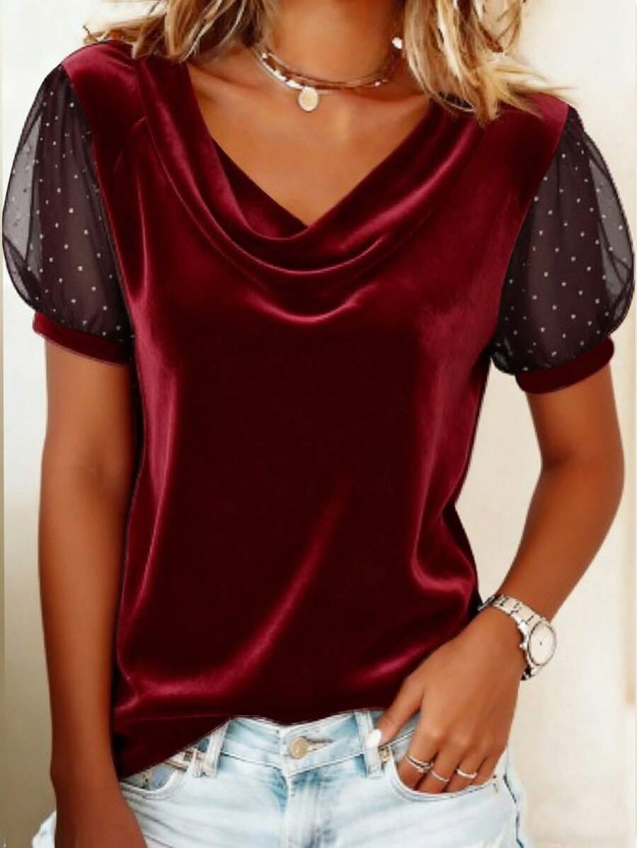 Camiseta de mujer de manga corta con malla de lunares, cuello alto, ajuste elegante, casual y versátil. Vacaciones de verano - Burdeos - Ver 1