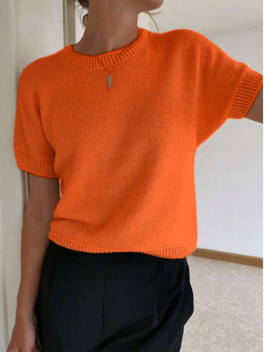 Minimalist Solid Color Round Neck Short Sleeve Knit Top Summer - Burnt Orange - View 1