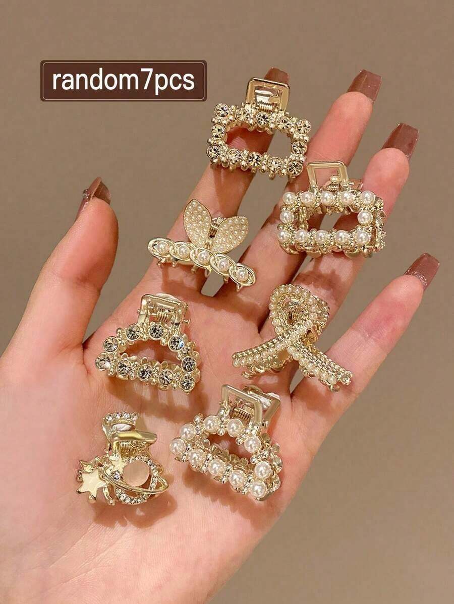 7pcs Women's Faux Pearl And Decor Half Up Hair Clip Party Gold Piece Summer Hair Claw Hair Clips Hair Jaw Clip Hair Clamps Hair Clutch Hair Catcher Clip, School Stuff, College, Pearl Hair Accessories Fall Winter Claw Clip Vacation Outfits Woman - 金子 - 查看 1