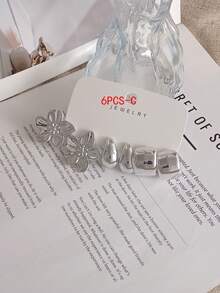 6-18pcs/Set Fashionable Exaggerated Earrings Set, C-Shape Five-Leaf Flower & Water Drop Geometric Earrings For Women - Silver - View 4