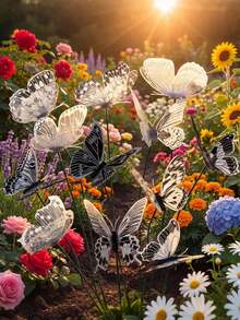 20个/10个复古防水PVC蝴蝶花园插牌，3D黑白蝴蝶造型插杆，花卉蝴蝶花园装饰插杆 - 逼真的户外装饰，适用于婚礼和家居，无需用电，充满乡村魅力。耐用的黑白蝴蝶装饰品，婚礼配件，农舍风格装饰，耐用PVC花卉，室内园艺艺术，阳台盆栽植物花坛家居装饰，带可弯曲杆的蝴蝶植物插杆。 - 彩色 - 查看 1