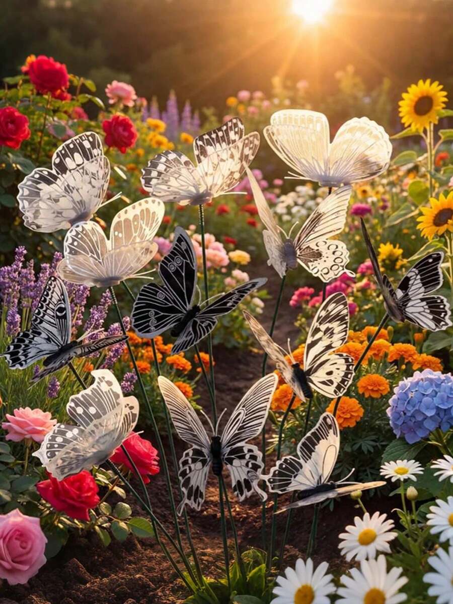20个/10个复古防水PVC蝴蝶花园插牌，3D黑白蝴蝶造型插杆，花卉蝴蝶花园装饰插杆 - 逼真的户外装饰，适用于婚礼和家居，无需用电，充满乡村魅力。耐用的黑白蝴蝶装饰品，婚礼配件，农舍风格装饰，耐用PVC花卉，室内园艺艺术，阳台盆栽植物花坛家居装饰，带可弯曲杆的蝴蝶植物插杆。 - 彩色 - 查看 1
