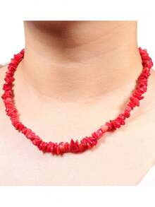 1pc Asymmetrical Red Stone Necklace, Brightening, Beach, Fashion Necklace For Women - Multicolor - View 2