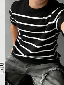 男童休闲条纹圆领短袖针织衫T恤，夏季 - 黑色 - 查看 1