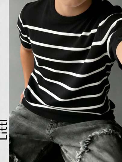 Camiseta de punto de cuello redondo de manga corta con rayas para niños preadolescentes, de verano