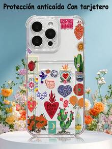 1PC Diseño de inspiración mexicana con fondo transparente y collage vibrante de cactus, corazones sagrados, sol y flores en estampado artístico colorido, funda para móvil transparente con ranura para tarjetas, protección completa de cámara, compatible con iPhone 17/16/15/14/13/12/11/Pro/ProMax, compatible con Galaxy A54/S24 Ultra/Plus, compatible con Moto/Galaxy/Redmi/Honor/OPPO, anti-caídas y almacenamiento, diseño minimalista - transparente - Ver 3