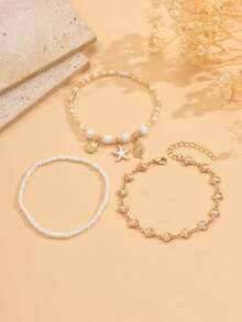 3pcs Summer Ocean Style Soft Clay Bead, Random Assorted Metal Starfish, Shell, Conch Pendant Anklet, Fashionable Gold Shell Handmade Chain Foot Jewelry, Suitable For Daily Wear, Decoration And Beach Vacation - Multicolor - View 2