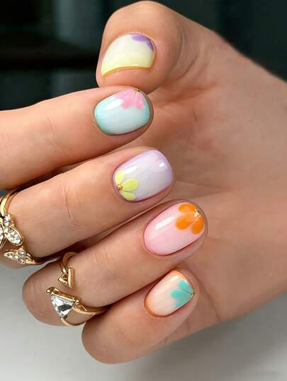 24pcs/Set Short Square Colorful Vibrant Dopamine Glitter Petal Acrylic Press-On Nails, Includes 1 Gel Polish And 1 Nail File, Essential Manicure Supplies For Daily Wear And Festive Occasions In Spring/Summer For All Girls/Ladies