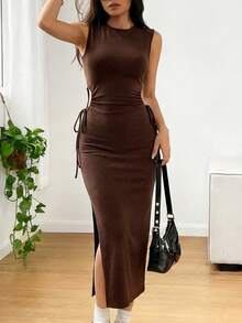 女士夏季度假优雅纯色派对吊带连衣裙休闲运动圆领无袖镂空抽绳棕色连衣裙性感修身开衩侧开衩中长茶会连衣裙毕业礼服 - 棕色 - 查看 4