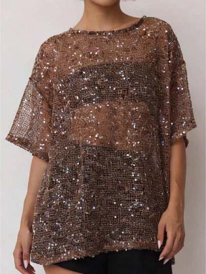 Women's Summer Sequined Sheer T-Shirt Casual Loose Fit Stylish Solid Color See Through Crew Neck Elbow Sleeve Tops