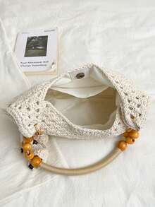 优雅度假风镂空钩编单肩包，串珠木柄手提包，大容量复古沙滩度假包 - 米色 - 查看 6