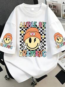 大码女式休闲日常通勤时尚街头卡通字母棋盘格印花宽松T恤，适合夏季度假、海滩、节日、春季、情人节、狂欢节、母亲节礼物；适合日常穿着、外出、节日、海滩、派对、生日、聚会、学校、音乐节、女士夏季服装、女士节日服装 白色 - 白色 - 查看 1