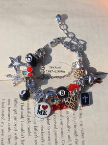 1 chiếc vòng tay mặt dây chuyền hình quả anh đào đỏ dễ thương, vòng tay họa tiết da báo hình ngôi sao dành cho nữ, vòng tay màu đen hình quả bóng số 8, vòng tay hình thánh giá và ngôi sao, vòng tay phong cách nhạc Punk dành cho lễ hội âm nhạc. - Bạc - Xem 11