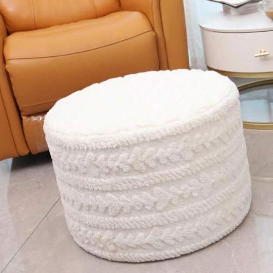Asuprui - Taburete redondo otomano 20 x 14 pulgadas multifuncional moderno pufs de piso reposapiés para sofá asiento adicional para sala de estar entrada pasillos y dormitorios marfil - Marfil - Ver 1