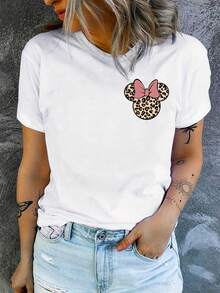 Disney Double-Sided Print & Front & Back, Disneyland & Minnie Mouse Print Crew Neck T-Shirt, Casual Fashion Short Sleeve T-Shirt, Micro-Elastic, Non-Transparent, Easy To Care Material, Ideal For Everyday Wear, Women'S Clothing - White - View 2