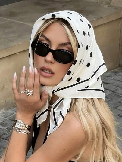 1pc Women's Versatile Summer Shawl, 27.6 Inch Black & White Minimalist Silk-Like Satin Square Scarf, Suitable For Daily Wear