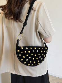 Dedoo 2025 New Fashion Rivet Decor Dumpling Bag, Korean Version Small Clown Casual Matte Unique Shoulder Crossbody Bag, Retro Style Suitable For Commuting, Daily Shopping And Practical Use - Black - View 7