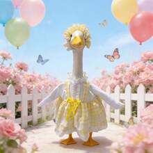 2Pcs Porch Goose Spring Outfit Yellow Gingham Check Dress + Lace Ruffle Headpiece For 23 Inch Lawn Goose Statue Cute Patio Garden Decor - Amarillo - Ver 2