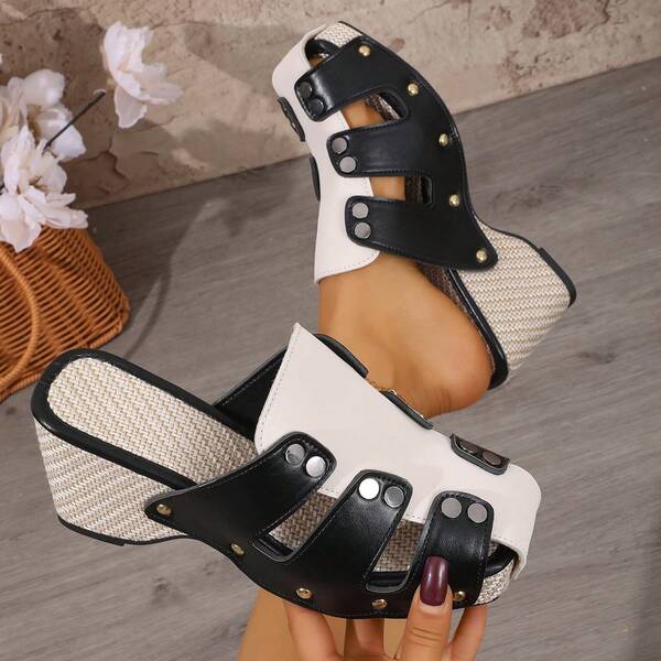 Sandale damă cu vârf pătrat, alb-negru, blocuri de culoare, talpă groasă, cu nituri decorative, stil de vacanță, papuci casual confortabili cu platformă pentru vară