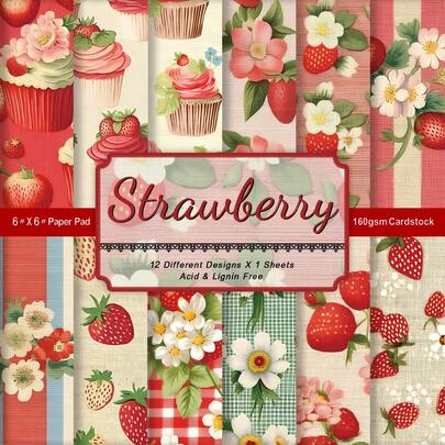 12 tờ giấy thủ công họa tiết dâu tây cổ điển, giấy trang trí hình dâu tây ngọt ngào dùng cho nhật ký, nghệ thuật cắt dán, làm thiệp, album ảnh và các hoạt động thủ công khác, vật tư làm sổ lưu niệm.