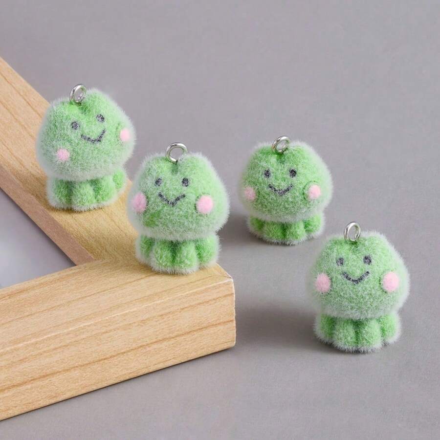 1/4/10pcs Cute Flocked Green Smiling Frog Resin Pendant, Cartoon Animal Charm, Suitable For DIY - Multicolor - View 1