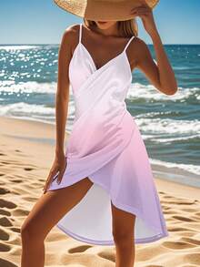 Đầm đi biển nữ màu hồng và tím ombre, kiểu dáng bất đối xứng, vai lệch, xẻ tà, thích hợp cho kỳ nghỉ, kèm áo khoác ngoài bikini nhẹ. - Nhiều màu - Xem 3