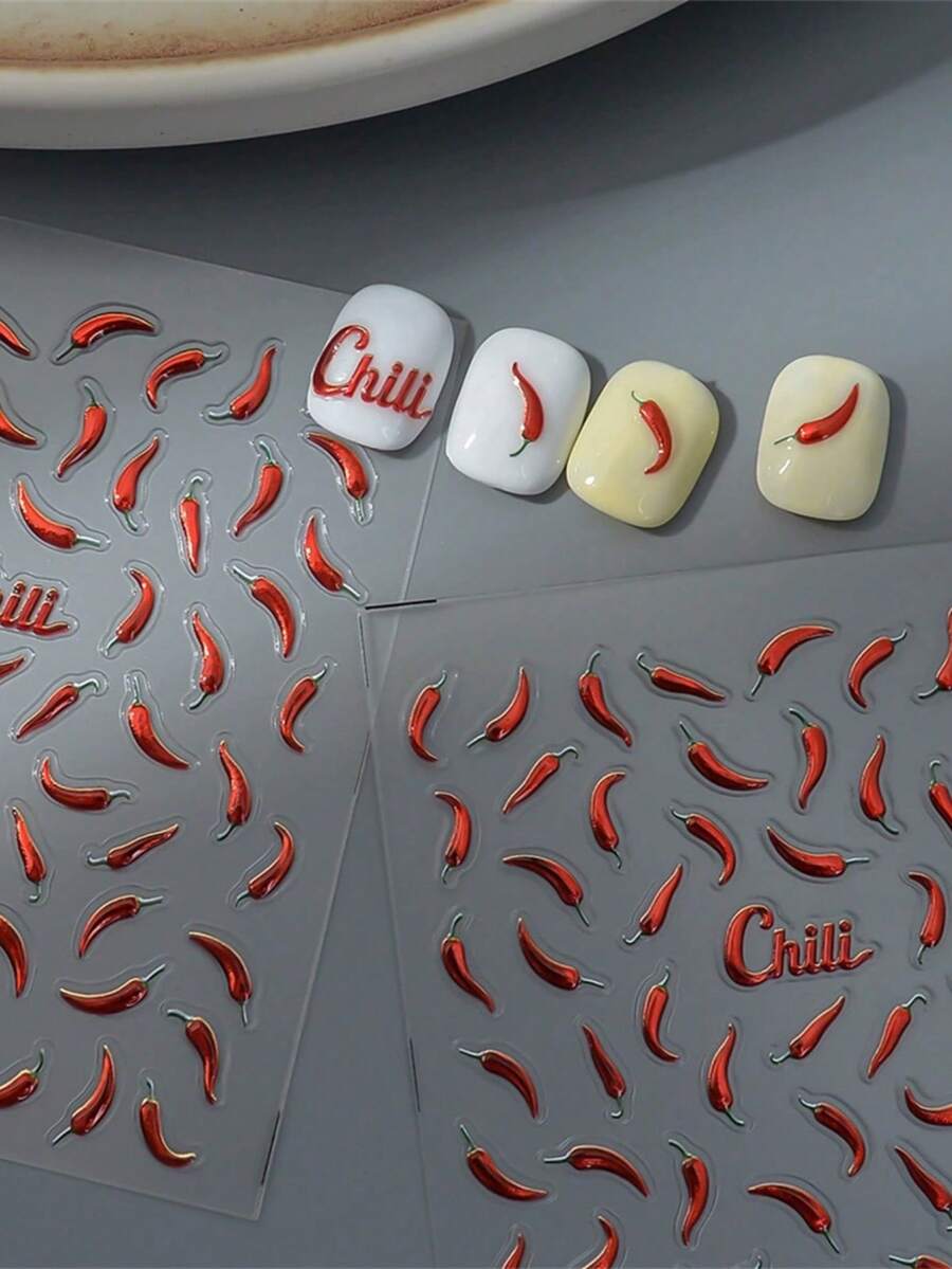1pc 5D Red Chili Nail Sticker, Fiery Chili Pattern DIY Nail Polish Sticker, Personalized DIY Nail Decor Transfer Sticker, Waterproof Cup Sticker Nail Stickers - Red - View 1