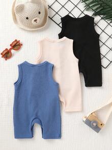 3pcs,Cute Baby Boy Clothes,Casual,Stylish,Soft,Comfortable,"DADDY'S MINI"Slogan Print Button-Up Crew Neck Sleeveless Jumpsuit - Multicolor - View 2