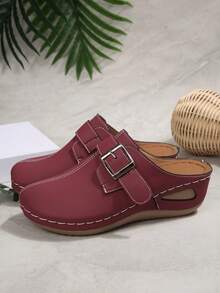 Mocasines casuales para mujer, zapatos de plataforma con cuña y decoración de hebilla de unicolor - Burdeos - Ver 3