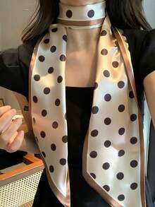 1件双面马链印花缎面围巾，可搭配女士连衣裙、短裤、腰带、包包、帽子、丝带、腰带 - 卡其波點 - 查看 5