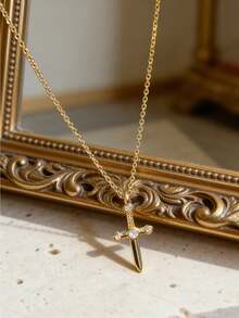 1pc Stylish Cross Pendant Necklace Inlaid With Synthetic Zirconia,Elegant All-Occasion Jewelry For Summer,Beach,Festivals,Parties & Daily Wear (No Box) - Necklace - View 2