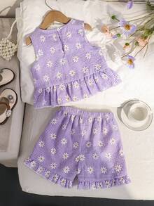 2pcs/Set Girls' Daisy Print & Plaid Top And Pants Set, Summer - Lilac Purple - View 2