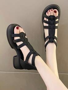 2026新款夏季镂空透气修身罗马凉鞋，百搭高跟厚底坡跟凉鞋，防水厚跟高跟凉鞋 - 黑色 - 查看 13