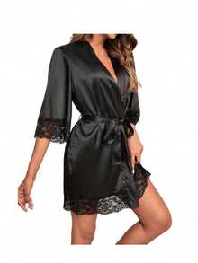 1pc Women's Solid Color Short Sleeve Bathrobe, Suitable For Spring/Summer Home Wear, Hotel Wear, Party Wear, Swimming Wear, Home Use, Short Dress Robe, Morning Robe, Reception Accessory, Spring/Summer Best Friend Party Embroidered Bathrobe, Holiday Party Supplies, Casual Minimalist Loungewear, Premium Luxury Sexy Women's Bathrobe, Breathable For All Seasons - Black - View 3