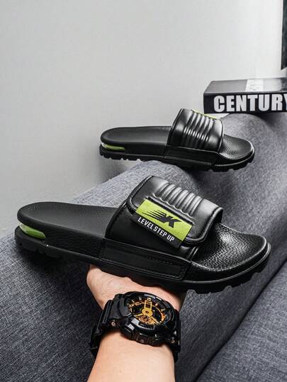 Men's Slippers, Non-Slip Thick Sole, Comfortable Casual Men's Sports Soft Bottom Air Cushion Plus Size Beach Sandals, Hook And Loop Slippers