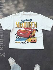 Lightning McQueen No. 95 Race Car Disney Pattern Printed Fashion Crew Neck T-Shirt, Made Of 100% Pure Cotton, Soft And Comfortable, Is The Ideal Choice For Daily Wear, Vacation Leisure, Outdoor Adventures, Campus Life, And Shopping Trips. It's A Must-Have Item For Summer And Also The Perfect Gift To Give. - 白色 - 查看 2