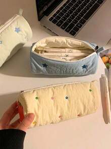 Cute & Creative Star Embroidered Pencil Case, High Quality Ins Style Large Capacity Stationery Pouch For Middle School Girls 2025, Japanese Style Makeup Bag For High School Students,Pencil Pouch,School Bag,School Supplies,Back To School - Vỏ sò xanh - Xem 8