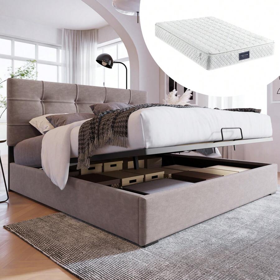 Hydraulic Upholstered Double Bed, Dimensions 140x200 Cm. Includes Mattress, Adjustable Headboard, Bed Frame With Metal Frame And Storage, Light Grey - Light Grey - View 1