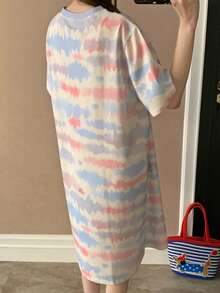 Spring/Summer Casual Striped Women Short Sleeve Nightgown, Round Neck Pullover Printed Loungewear - Blue - View 3