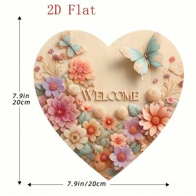 2D Flat Heart-Shaped Welcome Sign With Floral And Butterfly Patterns - Artificial Wooden Wall Decor, Spring Farmhouse Porch Decoration, Women's Holiday Home Gift