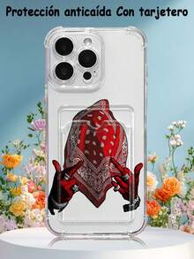 1PC Diseño urbano y moderno con pañuelo de cuadros rojos estilo paisley y gesto de manos rapero, funda para móvil transparente con ranura para tarjetas, protección completa de cámara, compatible con iPhone 17/16/15/14/13/12/11/Pro/ProMax, compatible con Galaxy A54/S24 Ultra/Plus, compatible con Moto/Galaxy/Redmi/Honor/OPPO, anti-caídas y almacenamiento, diseño minimalista - transparente - Ver 1