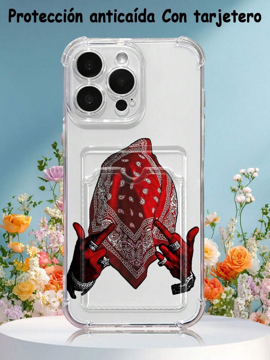 1PC Diseño urbano y moderno con pañuelo de cuadros rojos estilo paisley y gesto de manos rapero, funda para móvil transparente con ranura para tarjetas, protección completa de cámara, compatible con iPhone 17/16/15/14/13/12/11/Pro/ProMax, compatible con Galaxy A54/S24 Ultra/Plus, compatible con Moto/Galaxy/Redmi/Honor/OPPO, anti-caídas y almacenamiento, diseño minimalista - transparente - Ver 1