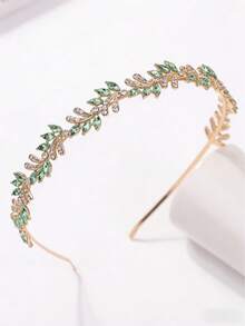 1pc Women's Fashion Princess Crown, Sweet Crystal Birthday Hair Accessory, Retro Crystal Tiara, Bridal Aluminum Alloy Headpiece, Delicate Minimalist French Leaf Headband - Mint Green - View 2