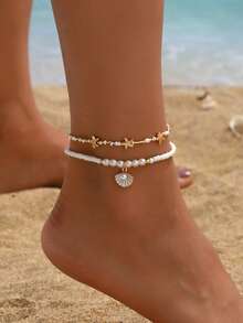 2pcs Fashion Versatile Faux Pearl Beaded Shell Starfish Bead Double-Layer Anklet Set, Suitable For Teenagers Daily Casual Jewelry, Beach Wear - Multicolor - View 5