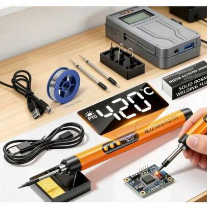 1 Set de Soldador Mini Ajustable de Temperatura, Soldador Portátil Recargable por USB para Reparación de Electrodomésticos, Joyería, Proyectos DIY - Incluye Soldador, 3/1 Puntas de Soldadura, Soporte, Resina, Caja de Almacenamiento