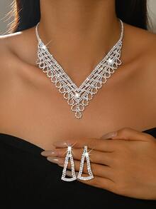 2pcs Silver Jewelry Set, Lace Crystal Necklace + Teardrop Earrings, Fashionable Design, Party Dress Accessory, Easter/Graduation Gift - Silver - View 1