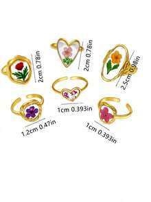 New Handmade Dried Flower Oil Drop Ring, Creative Stainless Steel Oval Heart Shaped Dried Flower Handmade Oil Drop Open Ring, Sweet Cute Everlasting Flower Ring For Women, Non-Fading - Multicolor - View 11