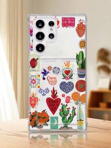 1PC Diseño de inspiración mexicana con fondo transparente y collage vibrante de cactus, corazones sagrados, sol y flores en estampado artístico colorido, funda para móvil transparente con ranura para tarjetas, protección completa de cámara, compatible con iPhone 17/16/15/14/13/12/11/Pro/ProMax, compatible con Galaxy A54/S24 Ultra/Plus, compatible con Moto/Galaxy/Redmi/Honor/OPPO, anti-caídas y almacenamiento, diseño minimalista - transparente - Ver 7