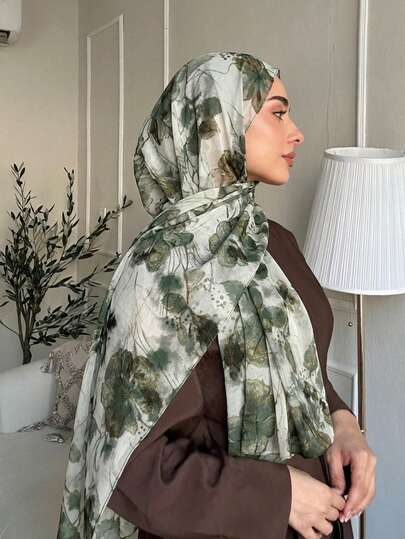 1 Peça Lenço de Chiffon com Estampa Floral Miúda da Moda Feminina, Hijab Muçulmano Elegante e Casual, Lenço Leve e Respirável, Adequado para Todas as Estações, Presente de Férias