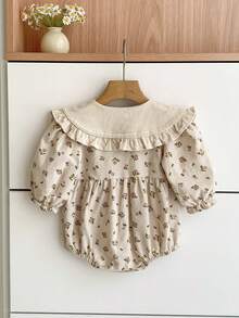 Spring New Arrival Sweet Ditsy Floral Baby Girl Long Sleeve Bodysuit, Flower Collar - Apricot - View 3